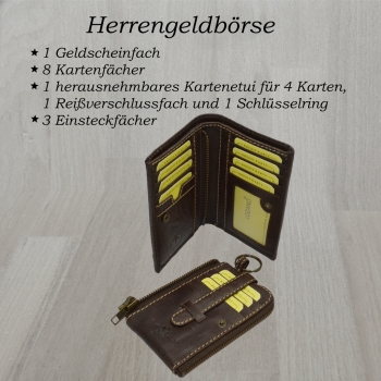 flevado Büffel Leder Herren Geldbörse schwarz mit abnehmbaren Schlüssel Etui in braun